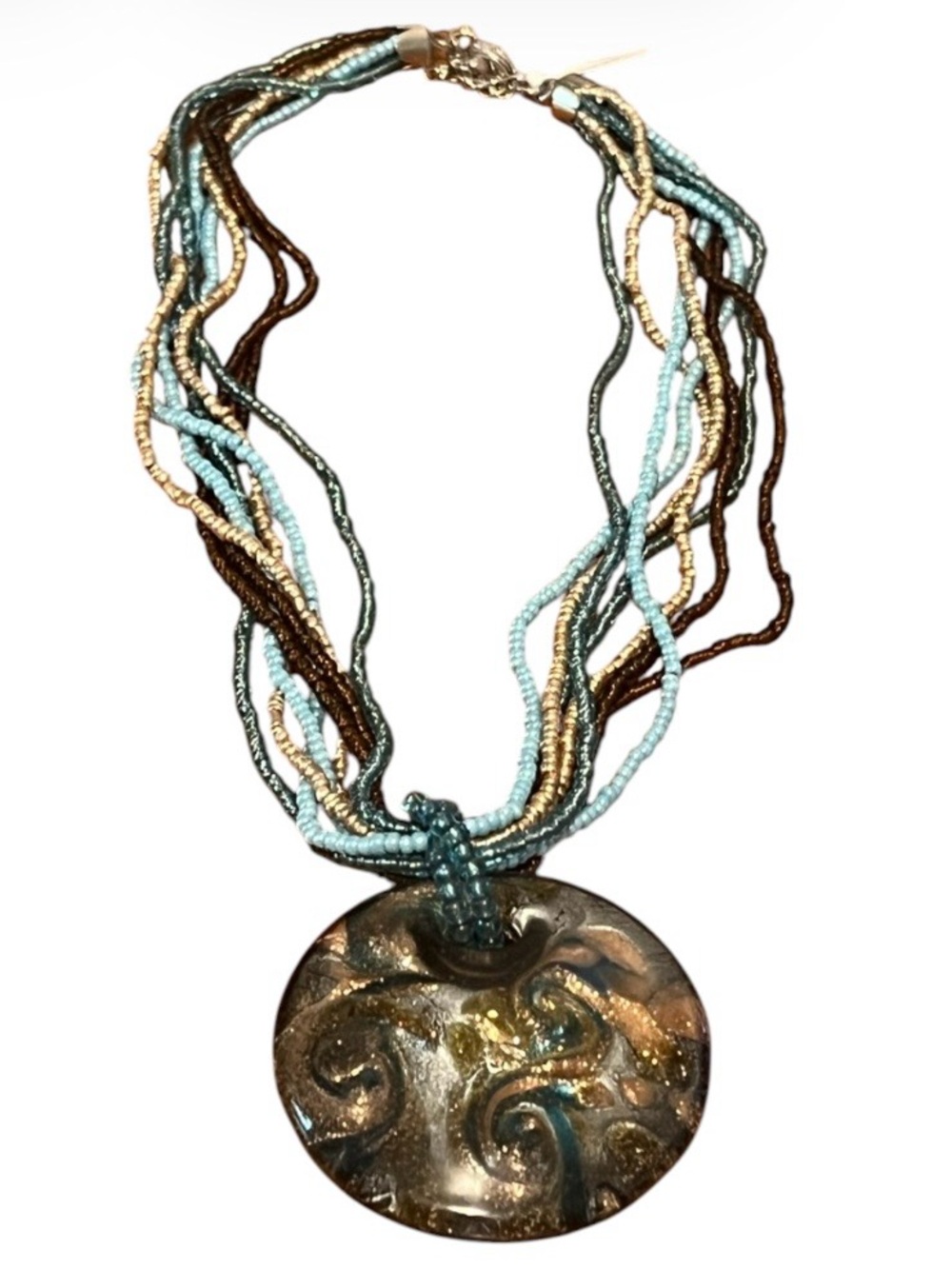 Art Glass & Multi Strand Sees Bead Pendant Necklace 20"